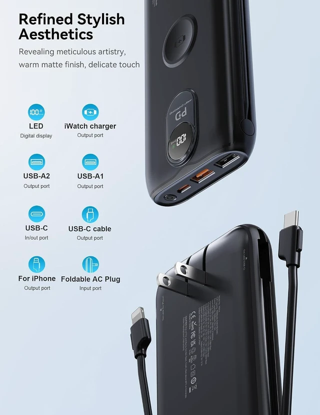 Alt view image 5 of 7 - Portable Charger 10000mAh 20W, Wall Plug, 2 Cables, iWatch Charging