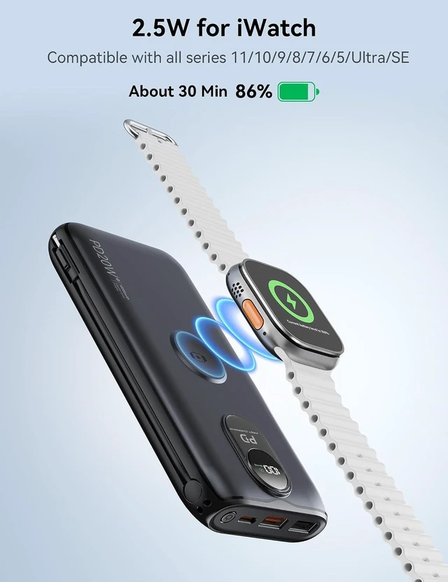 Alt view image 6 of 7 - Portable Charger 10000mAh 20W, Wall Plug, 2 Cables, iWatch Charging