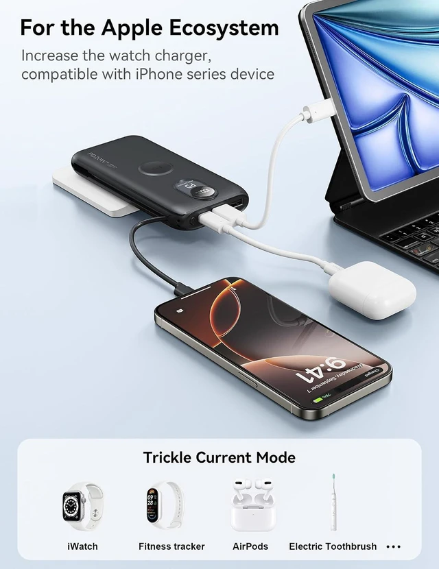 Alt view image 7 of 7 - Portable Charger 10000mAh 20W, Wall Plug, 2 Cables, iWatch Charging