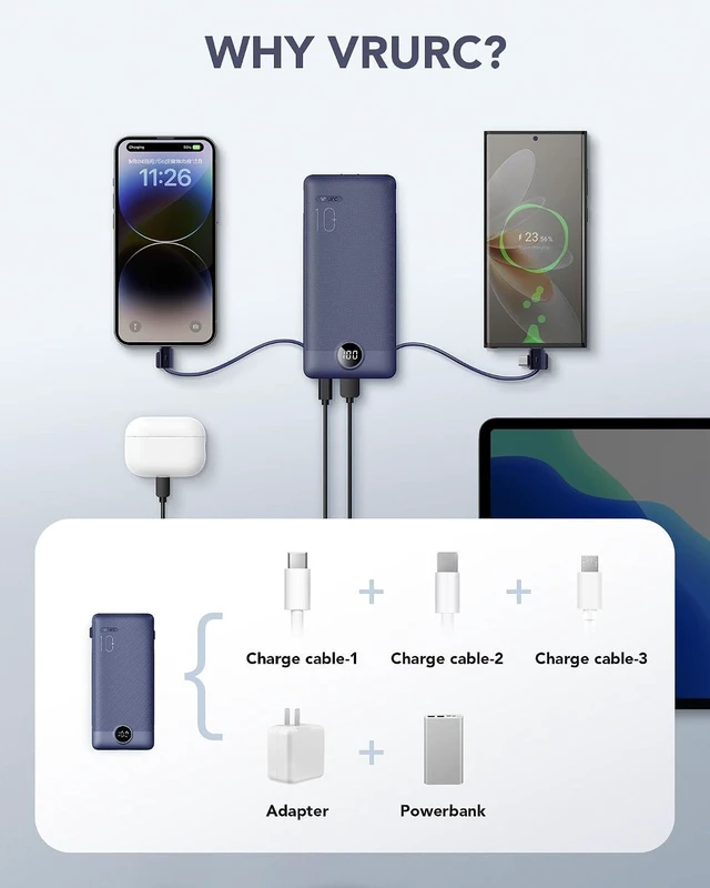 Alt view image 5 of 7 - VRURC Portable Charger Built-in Cables and AC Wall Plug, USB C Power Bank 10000mAh, Travel Battery Portable Phone Charger Compact Lightweight External Battery Pack for Smart Phones, Tablets etc-Navy