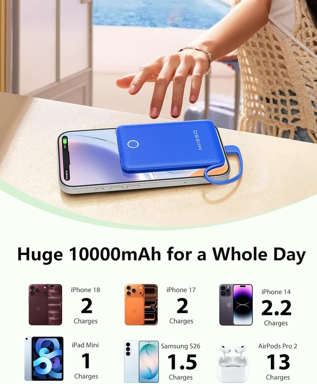 Alt view image 3 of 7 - miisso 10000mAh Mini Portable Charger with Built in Cable, Deepblue