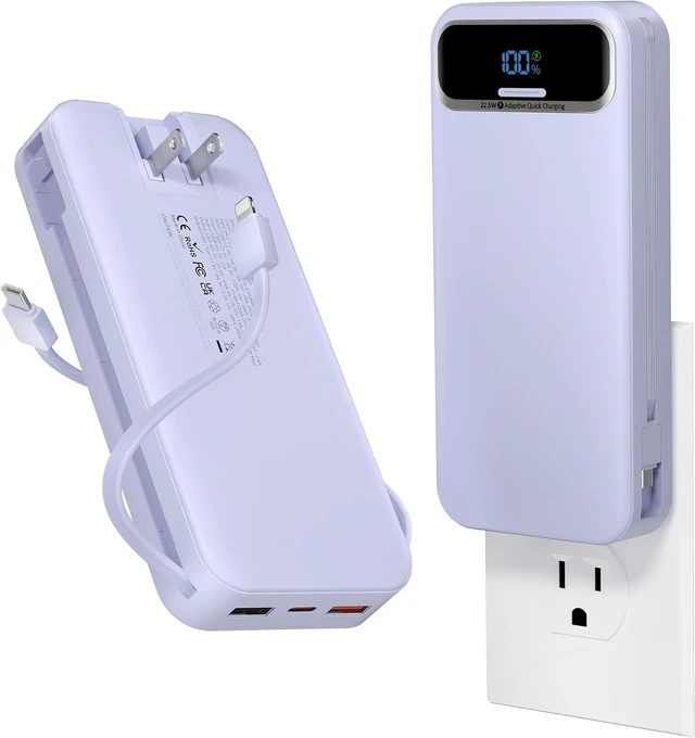 Main image of aonidi Portable Charger 20000mAh with Built-in Cables&AC Wall Plug, Purple