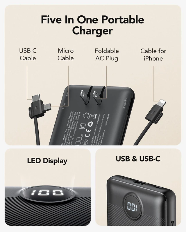 Alt view image 2 of 6 - VRURC Portable Charger, Power Bank Built-in Cables and AC Wall Plug