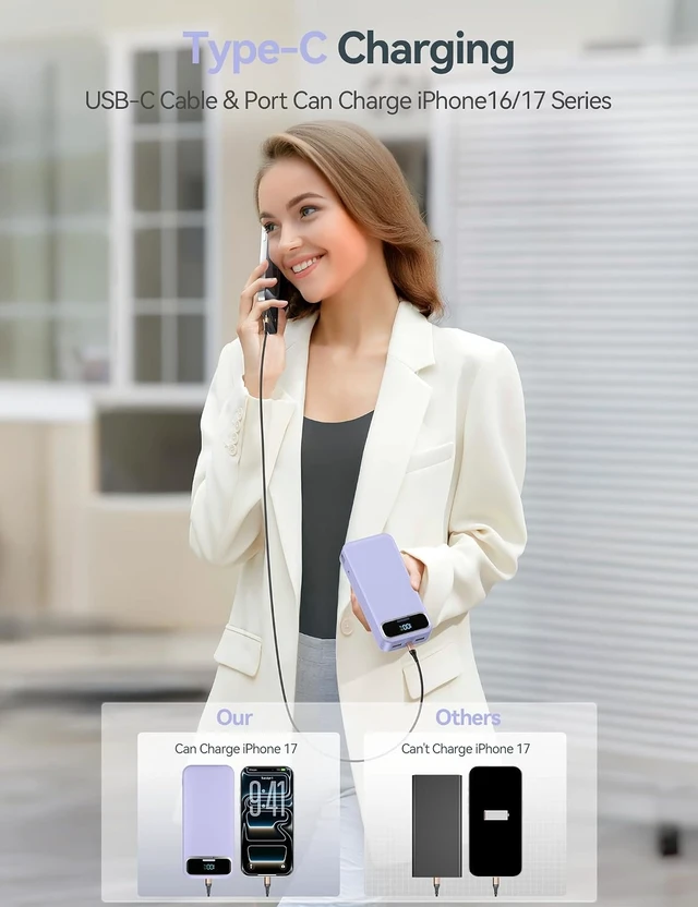 Alt view image 6 of 7 - aonidi Portable Charger 20000mAh with Built-in Cables&AC Wall Plug, Purple