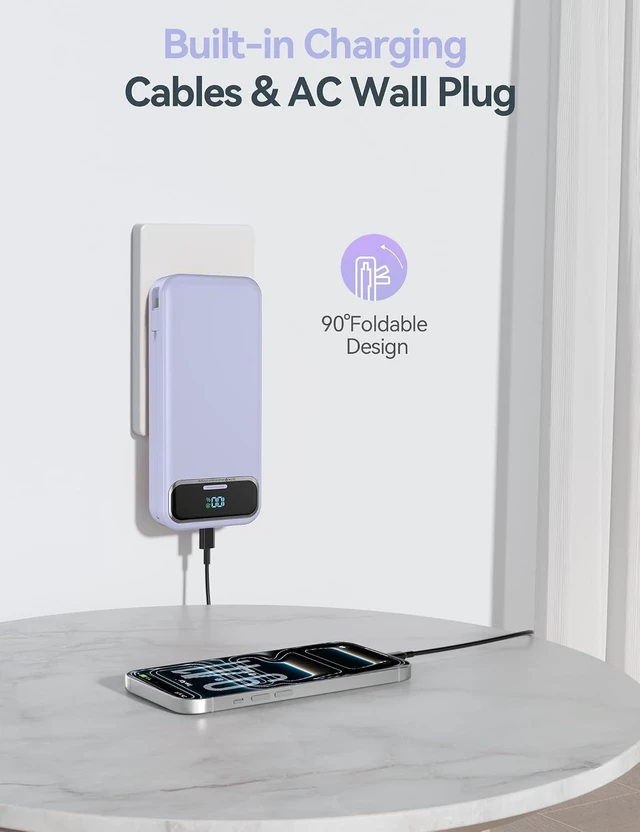 Alt view image 5 of 7 - aonidi Portable Charger 20000mAh with Built-in Cables&AC Wall Plug, Purple