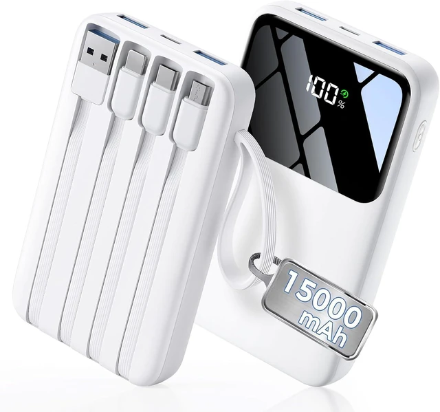 Main image of 15000mAh Portable Charger Power Bank, Smaller Built-in 4 Cables White