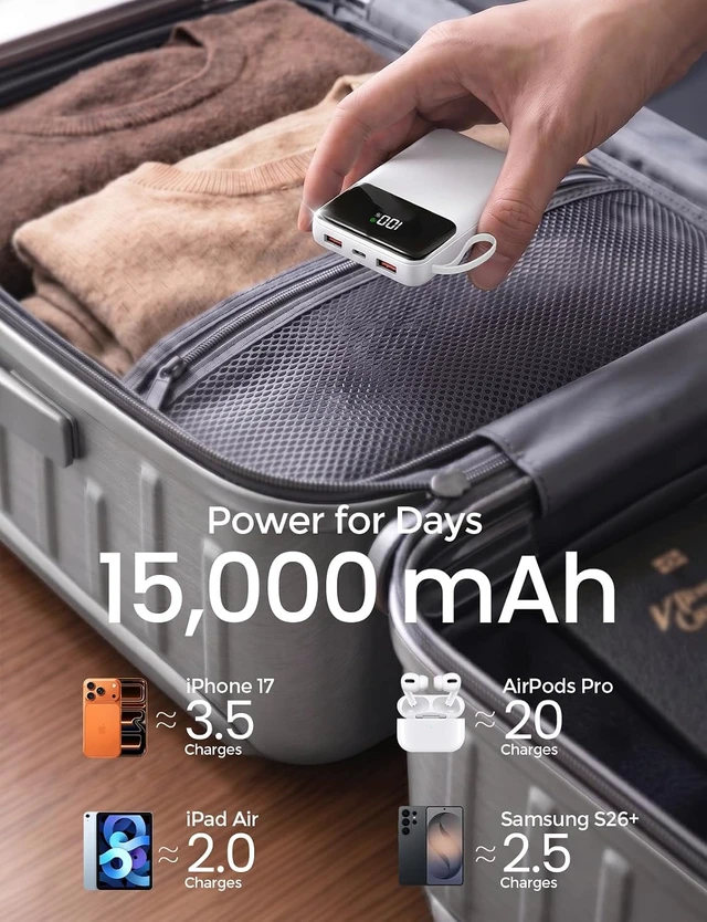 Alt view image 2 of 7 - 15000mAh Portable Charger Power Bank, Smaller Built-in 4 Cables White
