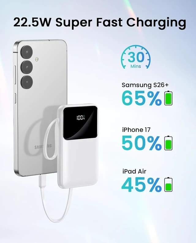 Alt view image 5 of 7 - 15000mAh Portable Charger Power Bank, Smaller Built-in 4 Cables White