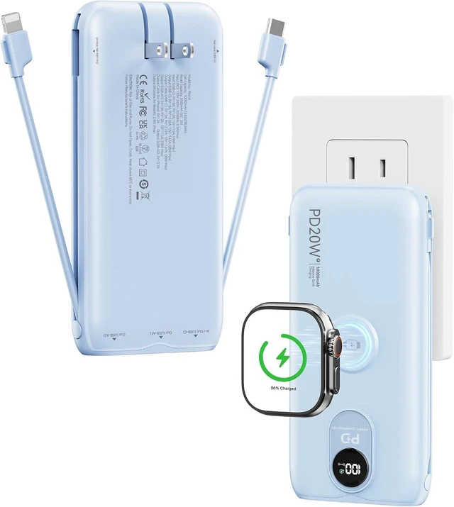 Main image of Portable Charger 10000mAh 20W, Wall Plug, 2 Cables, iWatch Charging