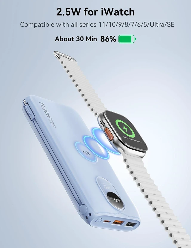 Alt view image 6 of 7 - Portable Charger 10000mAh 20W, Wall Plug, 2 Cables, iWatch Charging