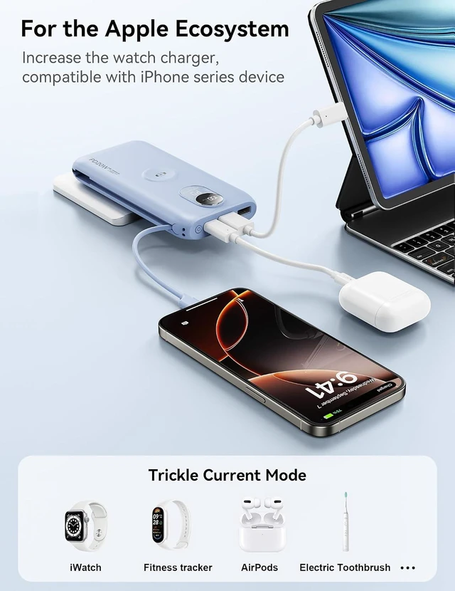 Alt view image 7 of 7 - Portable Charger 10000mAh 20W, Wall Plug, 2 Cables, iWatch Charging
