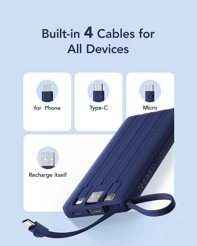 Alt view image 3 of 7 - VRURC Portable Charger, Built in 4 Cables & Lanyard Power Bank 10000mAh