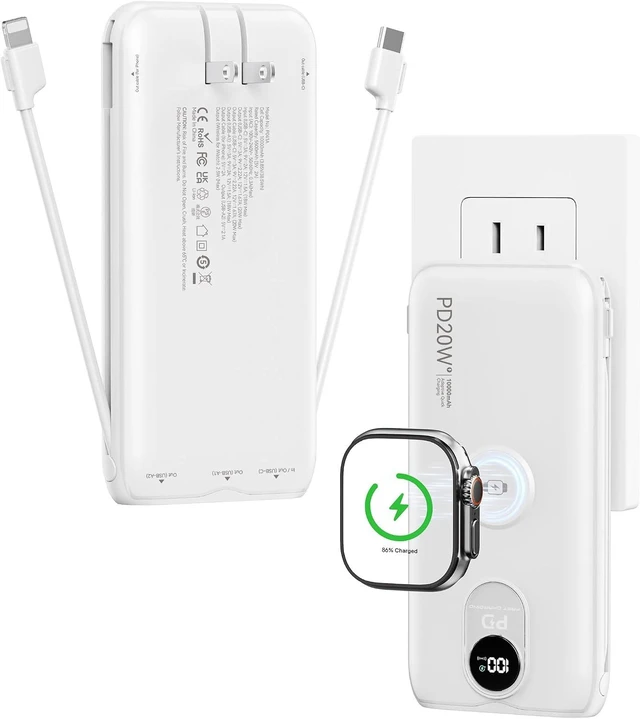 Main image of Portable Charger 10000mAh 20W, Wall Plug, 2 Cables, iWatch Charging