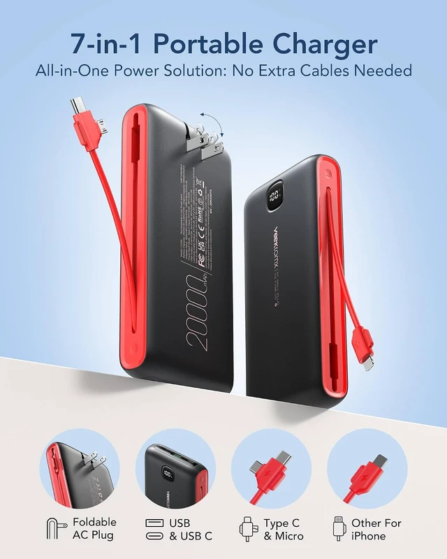 Alt view image 3 of 7 - VEEKTOMX 10000mAh Portable Charger with Built-in Cables & Wall Plug
