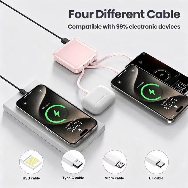 Alt view image 2 of 7 - ummz Mini Portable Charger with Built-in 4 Cables12000mAh Small Power Bank