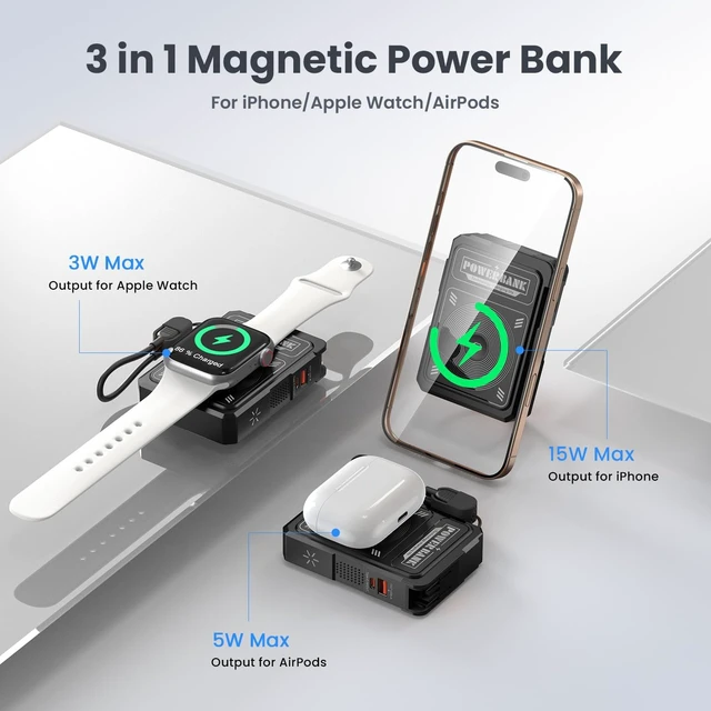 Alt view image 2 of 7 - 10000mAh for Magsafe Portable Charger Power Bank Built in Cables&Wall Plug