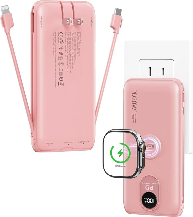 Main image of Portable Charger 10000mAh 20W, Wall Plug, 2 Cables, iWatch Charging
