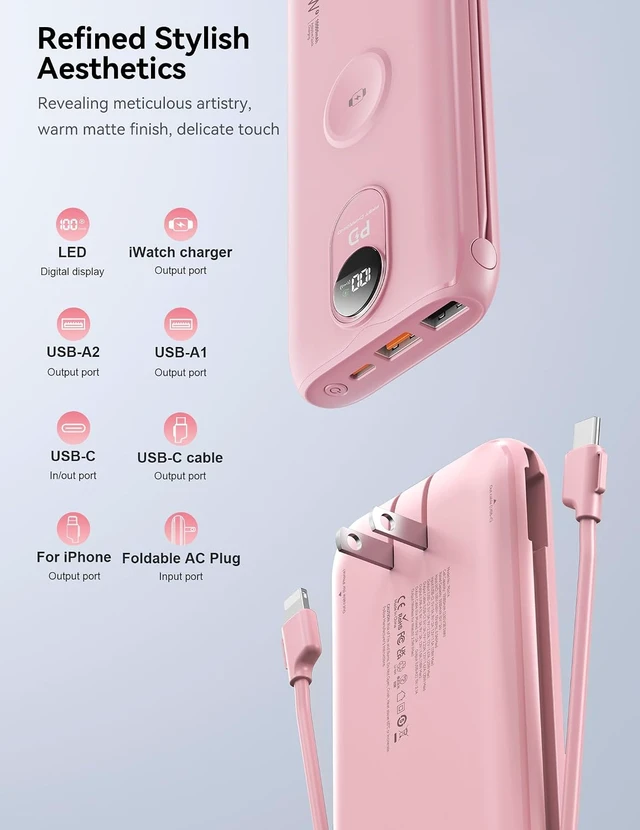 Alt view image 5 of 7 - Portable Charger 10000mAh 20W, Wall Plug, 2 Cables, iWatch Charging