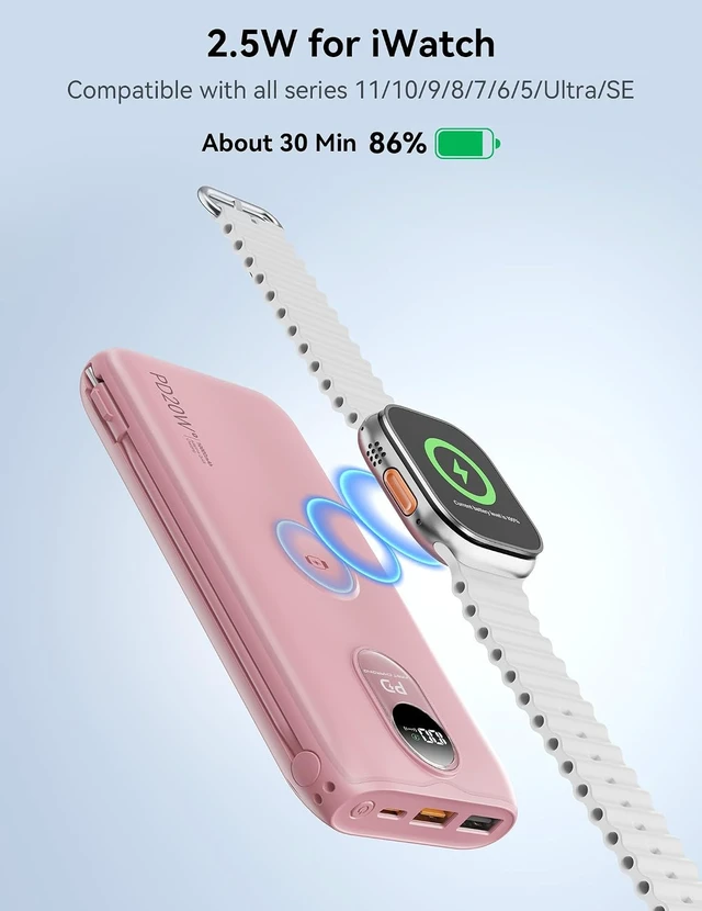 Alt view image 6 of 7 - Portable Charger 10000mAh 20W, Wall Plug, 2 Cables, iWatch Charging