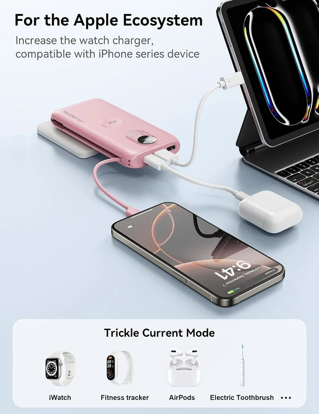 Alt view image 7 of 7 - Portable Charger 10000mAh 20W, Wall Plug, 2 Cables, iWatch Charging