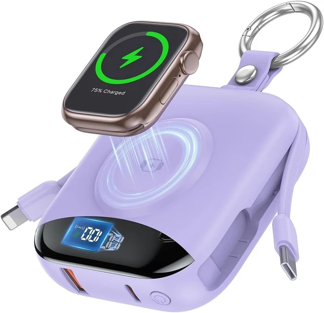 Main image of citicr Portable Charger 10000mAh w/Built-in Cables & iWatch Charger Purple
