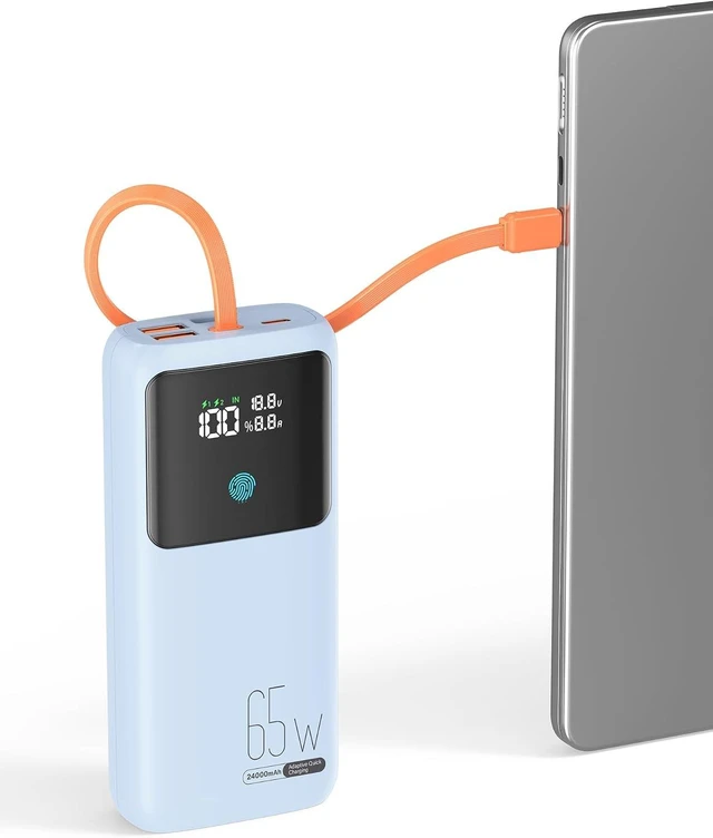 Main image of Portable Laptop Charger 24000mAh 65W w/USB C Built-in Cable Blue