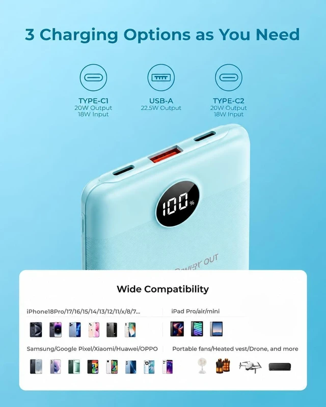 Alt view image 5 of 7 - VEEKTOMX 10000mAh Mini Power Bank, 22.5W Fast Charger for iPhone Android