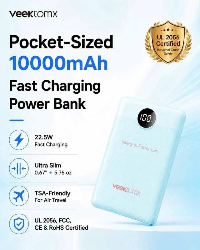 Alt view image 2 of 7 - VEEKTOMX 10000mAh Mini Power Bank, 22.5W Fast Charger for iPhone Android