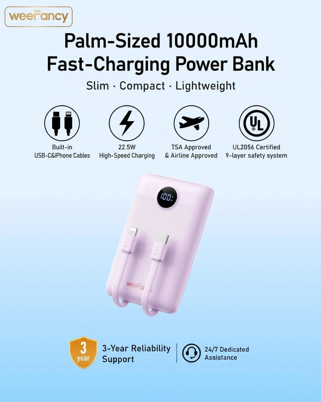 Alt view image 2 of 7 - Compact Portable Charger 10000mAh with Built-in Cables