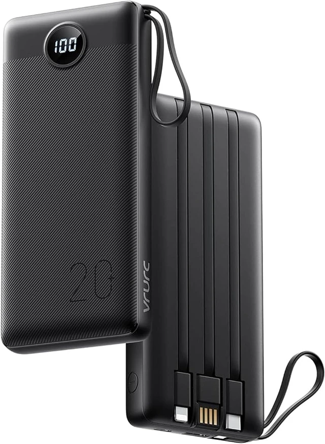 Main image of VRURC Portable Charger 20000mAh, Built-in Cables Fast Charging Power Bank, PD QC 3.0 Travel Essentials Battery Pack, 4 Output & 2 Input Phone Charger for iPhone, Samsung, Android