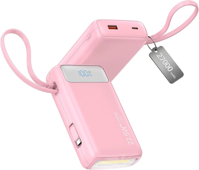 Main image of Nusyddy Portable Charger 27000mAh 22.5W w/Built-in Cable & LED Display Pink