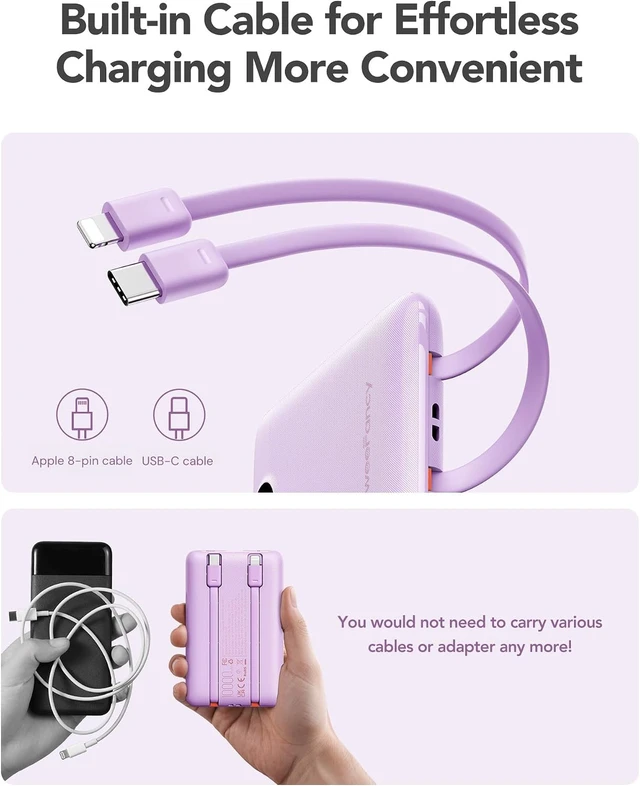 Alt view image 5 of 7 - Compact Portable Charger 10000mAh with Built-in Cables