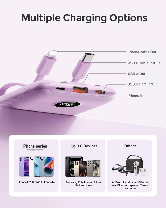 Alt view image 6 of 7 - Compact Portable Charger 10000mAh with Built-in Cables