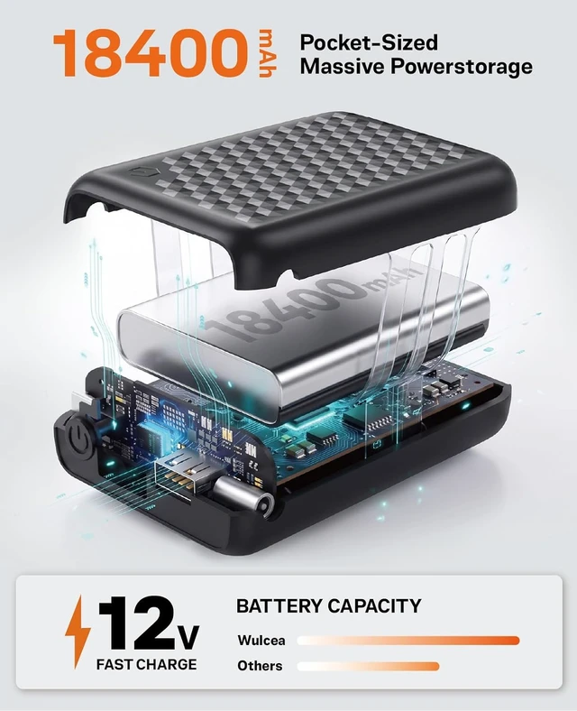 Alt view image 4 of 6 - Wulcea 12v 18400mAh High Capacity Type-C InputUSB Type-C DC Output Fast Charge for Graphene Heated Jacket Heated Vest Long Lasting Portable Charger Digital Display for Genovega VERGOO