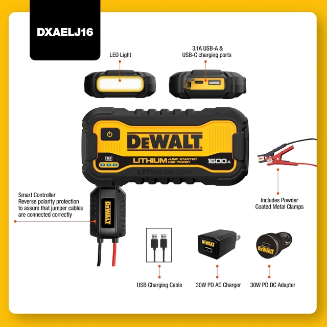 Alt view image 2 of 6 - DeWalt DXAELJ16 1600 Peak Amp Jump Starter Battery Booster with USB Power Station