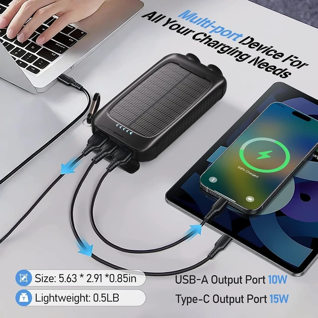Alt view image 3 of 7 - Solar Power Bank 20000mAh with USB-C, Portable Charger for Travel Camping
