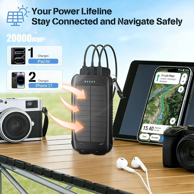Alt view image 4 of 7 - Solar Power Bank 20000mAh with USB-C, Portable Charger for Travel Camping