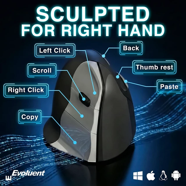 Alt view image 3 of 7 - Evoluent The World's Original Vertical Mouse VMC Classic Wireless USB/Bluetooth Ergonomic Mouse Right Hand M-L, Sculpted Comfort, 4 Speeds, Non-Programmable Copy & Paste Buttons