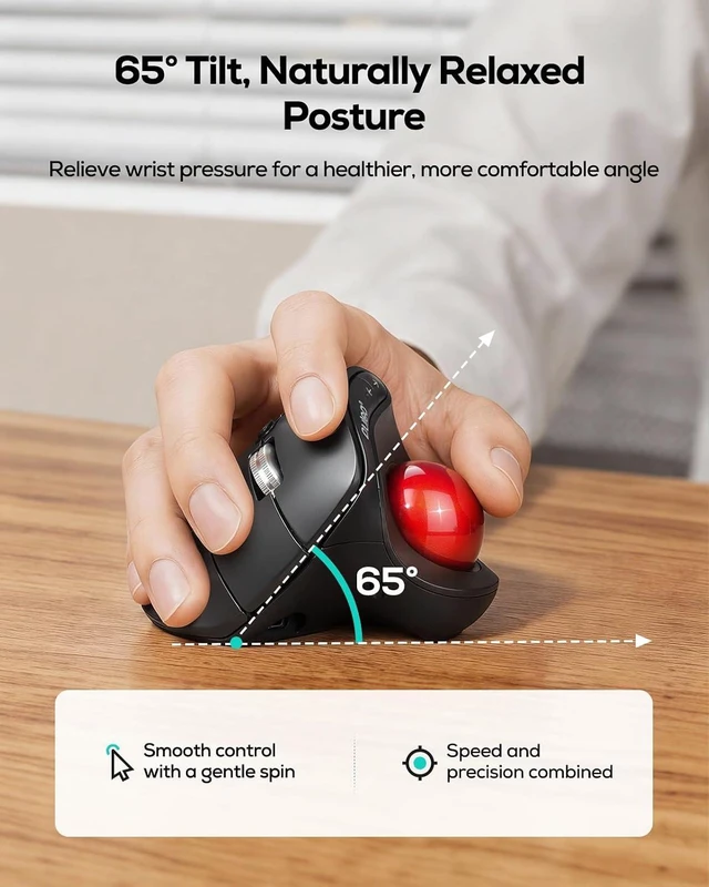 Alt view image 3 of 7 - Nulea Wireless Ergonomic Vertical Trackball Mouse Thumb Control