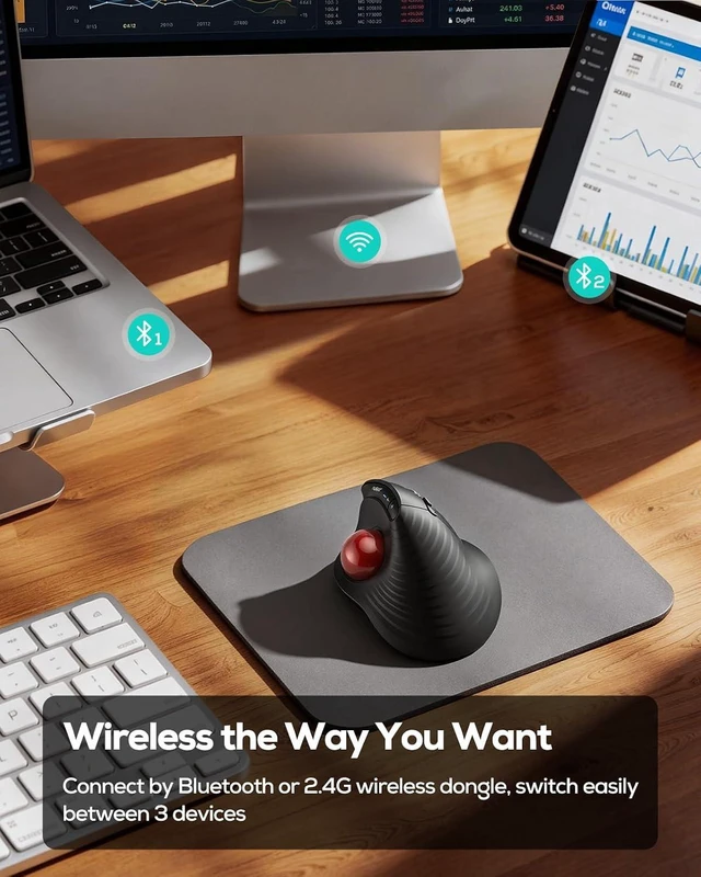 Alt view image 7 of 7 - Nulea Wireless Ergonomic Vertical Trackball Mouse Thumb Control