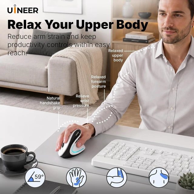 Alt view image 2 of 7 - Uineer Ergonomic Wireless Vertical Mouse, 3-Mode Bluetooth 5.0/4.0 & 2.4GHz
