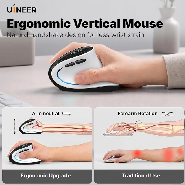 Alt view image 3 of 7 - Uineer Ergonomic Wireless Vertical Mouse, 3-Mode Bluetooth 5.0/4.0 & 2.4GHz