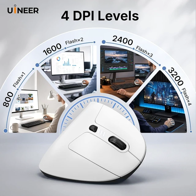 Alt view image 7 of 7 - Uineer Ergonomic Wireless Vertical Mouse, 3-Mode Bluetooth 5.0/4.0 & 2.4GHz