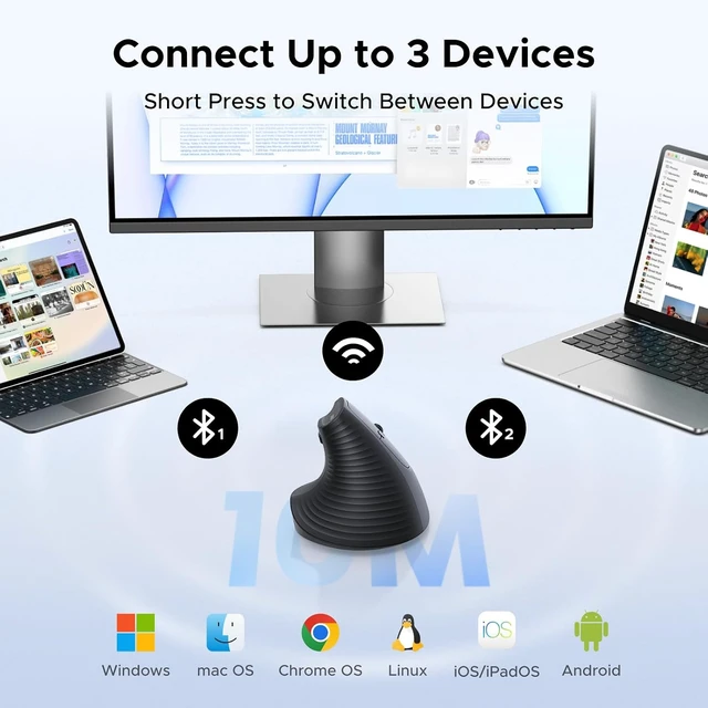 Alt view image 5 of 7 - UGREEN Ergonomic Vertical Mouse, Rechargeable Wireless Mouse, 3 Devices