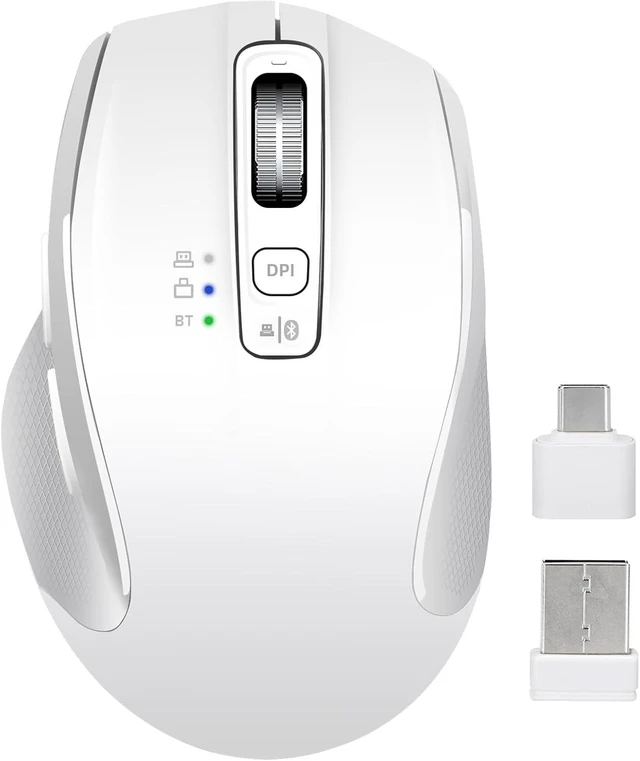 Main image of Wireless Bluetooth Mouse with USB-A, USB-C Receiver, Rechargeable, 3-Device, Full-Size, Silent Click, Ergonomic Mice for MacBook/Laptop/Computer/Tablet/PC/iPad (White)