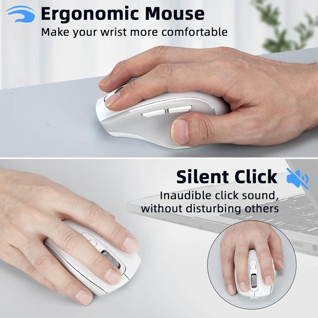 Alt view image 2 of 7 - Wireless Bluetooth Mouse with USB-A, USB-C Receiver, Rechargeable, 3-Device, Full-Size, Silent Click, Ergonomic Mice for MacBook/Laptop/Computer/Tablet/PC/iPad (White)