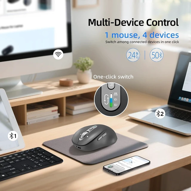 Alt view image 2 of 7 - Wireless Bluetooth Mouse,Multi Device Ergo Computer Mouses,Metal 4-Way Super Scrolling,± 3200 DPI,10 Buttons,Plug&Play,Quiet,Rechargeable,USB Cordless Mice for Laptop,Tablet,Mac,iPad,PC,Phone All Grey
