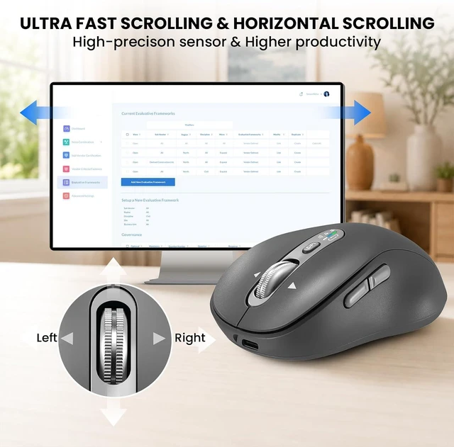 Alt view image 3 of 7 - Wireless Bluetooth Mouse,Multi Device Ergo Computer Mouses,Metal 4-Way Super Scrolling,± 3200 DPI,10 Buttons,Plug&Play,Quiet,Rechargeable,USB Cordless Mice for Laptop,Tablet,Mac,iPad,PC,Phone All Grey