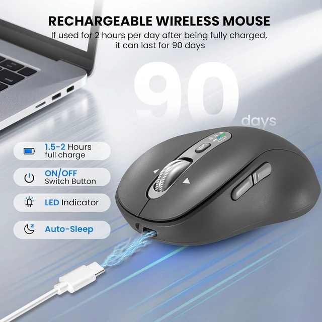 Alt view image 4 of 7 - Wireless Bluetooth Mouse,Multi Device Ergo Computer Mouses,Metal 4-Way Super Scrolling,± 3200 DPI,10 Buttons,Plug&Play,Quiet,Rechargeable,USB Cordless Mice for Laptop,Tablet,Mac,iPad,PC,Phone All Grey