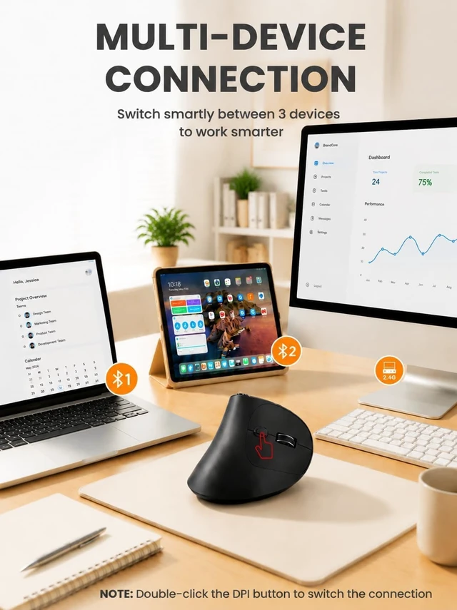 Alt view image 3 of 7 - SABLUTE MAM51 Ergonomic Mouse, Bluetooth Mouse with Side Scroll Wheel